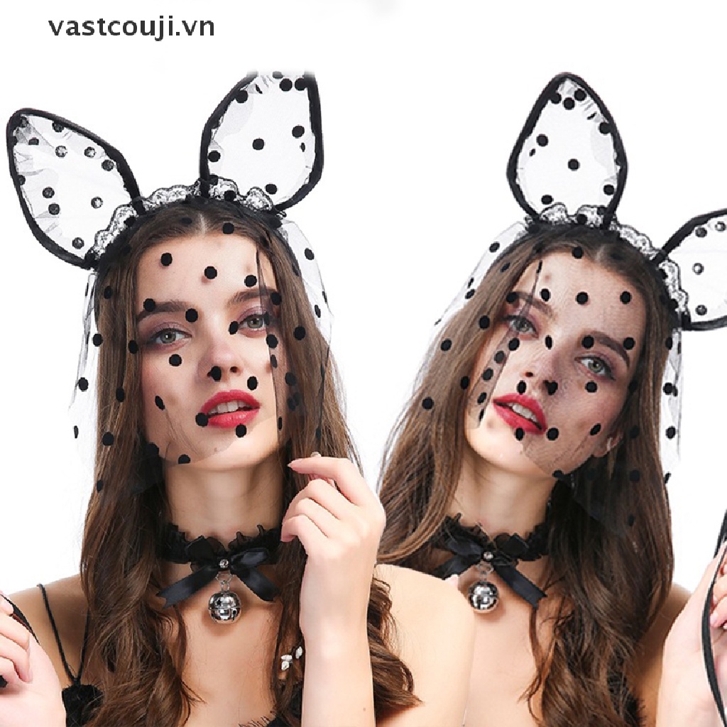 Băng Đô Tai Mèo Bằng Lưới Phối Ren Họa Tiết Chấm Bi Dùng Hóa Trang Tiệc Halloween