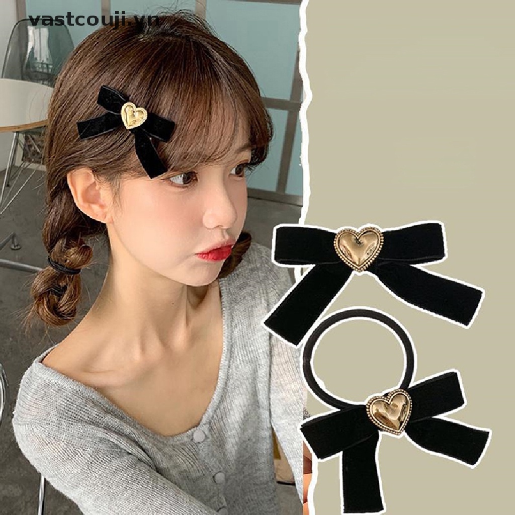 Dây Cột Tóc Màu Đen Bằng Nhung Đính Nơ Trái Tim Xinh Xắn Cho Nữ