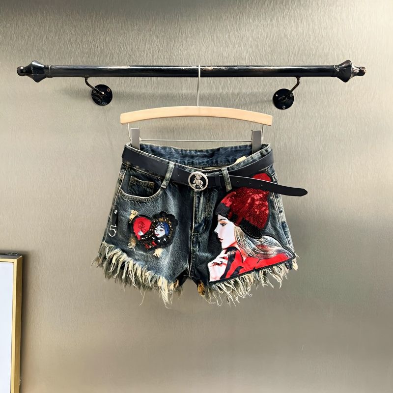 Quần Short Denim Lưng Cao Ống Rộng Phối Tua Rua Đính Đá Thời Trang Cho Nữ
