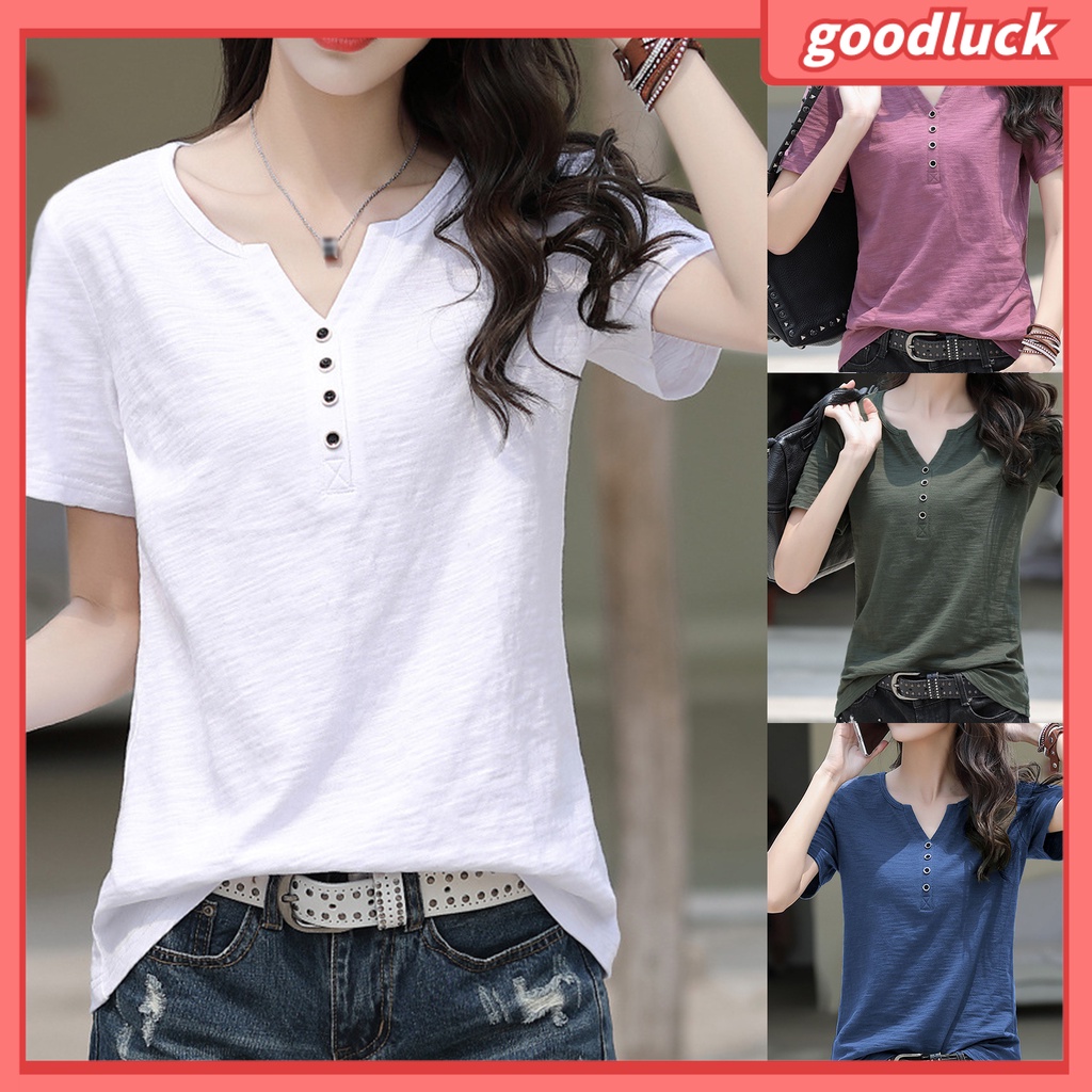 Áo Thun Cotton Tay Ngắn Cổ Tròn Màu Trơn Cài Nút Đơn Giản Dành Cho Nữ