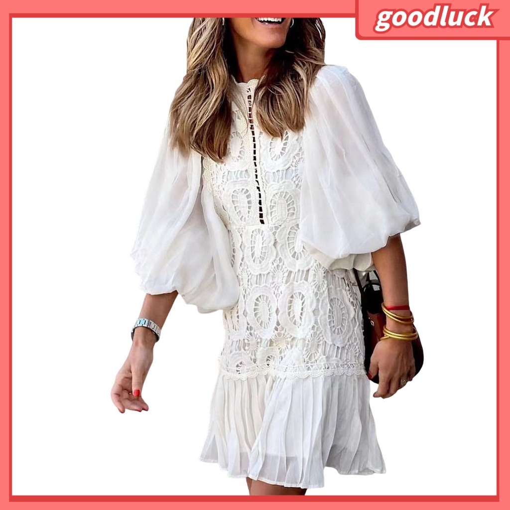 [ULK] Đầm Mini Tay Lỡ Viền Bèo Nhún Màu Trơn Thêu Ren Màu Trơn Họa Tiết Đường Phố