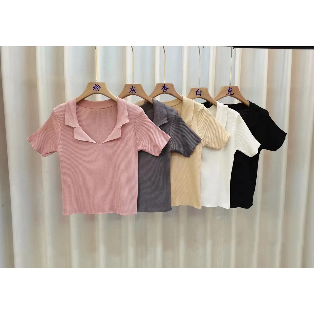 SUXI Áo polo Dệt Kim Tay Ngắn Cổ V Dáng Ôm Thiết Kế Đơn Giản Cho Nữ
