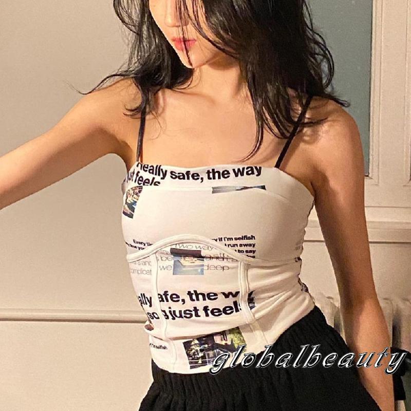 Áo Hai Dây Cổ Vuông In Họa Tiết Chữ Thời Trang Cho Nữ