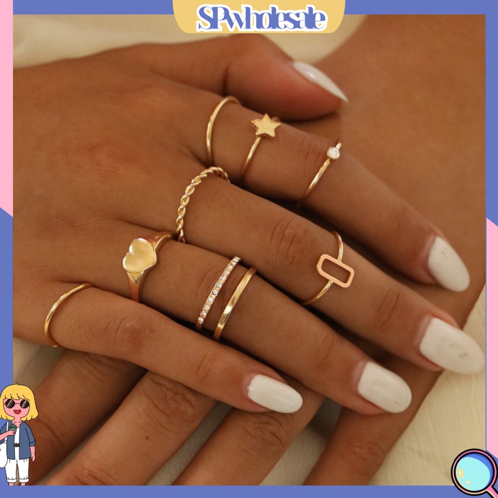 <SPwholesale> Set 8 Nhẫn Đeo Tay Kim Loại Đính Đá Thời Trang Cho Nữ