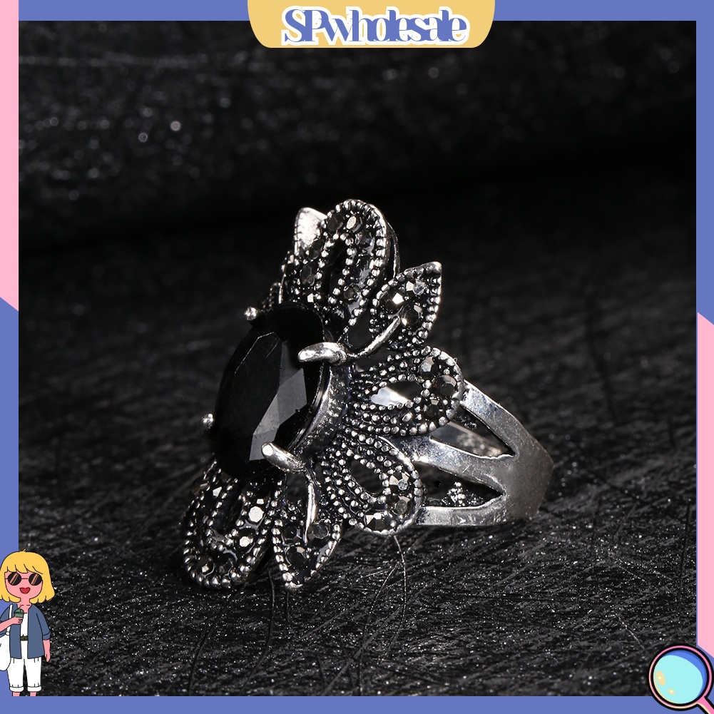 <SPwholesale> Nhẫn Hợp Kim Đính Đá Hình Hoa Phong Cách Vintage Cho Nữ