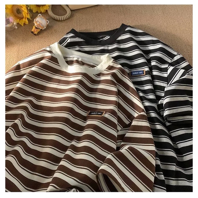 Áo Thun Ngắn Tay Cổ Tròn Họa Tiết Kẻ Sọc Thời Trang Mùa Hè Mới Cho Nam