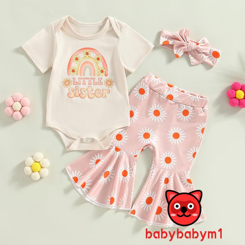 Bộ Áo Liền Quần Tay Ngắn In Chữ + Quần Ống Loe In Hoa + Băng Đô Cài Tóc Thời Trang Cho Bé Gái