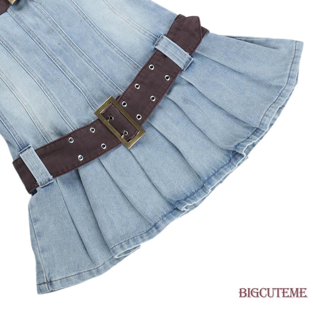 [] - Đầm Ống Denim Không Tay Hở Vai Đi Tiệc Xuân Hè Có Thắt Lưng Bản Rộng Cho Nữ