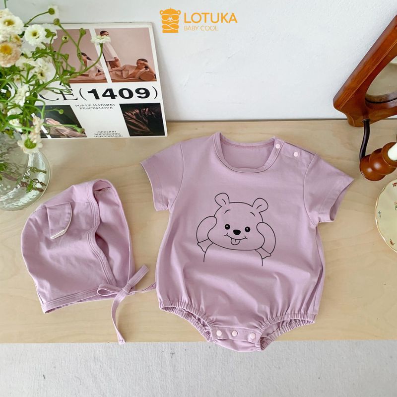 Body Chip Thun Lạnh LOTUKA KÈM MŨ Thú Đáng Yêu, Bodysuit Cho Bé, Chất Liệu Mềm Mát, Thoáng Mịn Size 0-12m