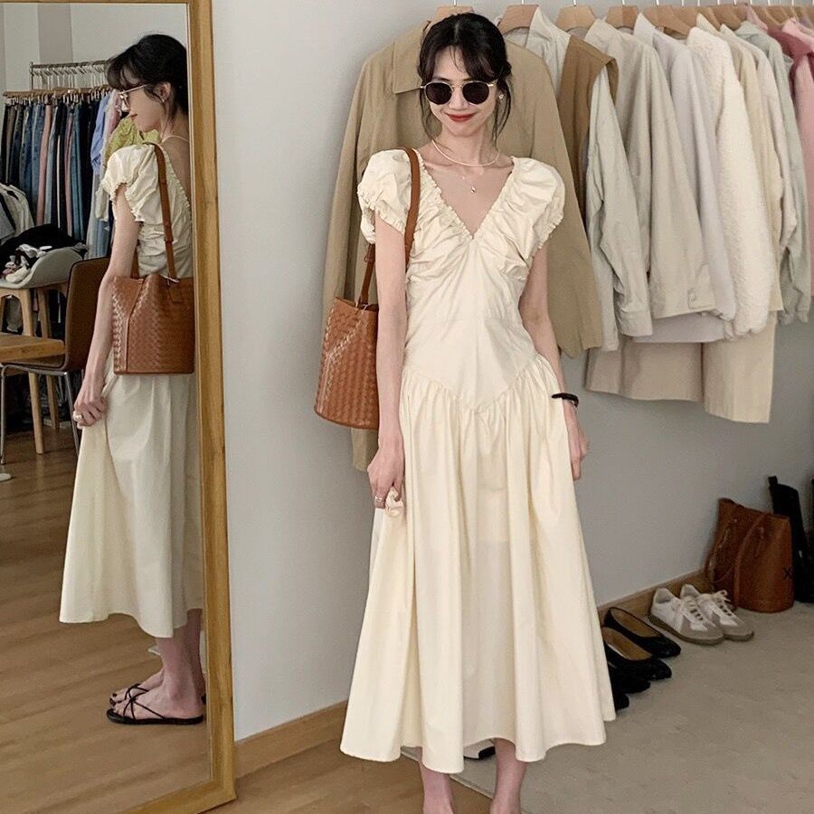 Đầm COZOK tay ngắn cổ chữ V dáng ôm thời trang xinh xắn cho nữ