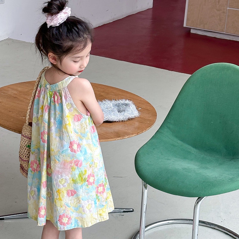 Đầm Hai Dây Không Tay In Hoa Phong Cách Hàn Quốc Cho Bé Gái 1-6 Tuổi