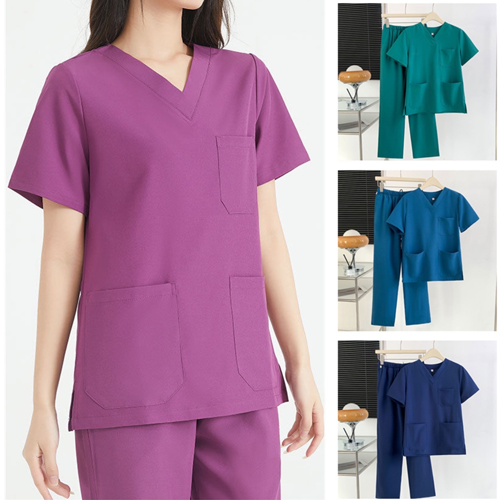 Set Áo Thun Ngắn Tay Cổ Chữ V + Quần Dài Đồng Phục Y Tá / Bác Sĩ Unisex Thời Trang