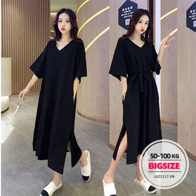 Váy đầm nữ Bigsize Đầm thun suông dài qua gối tay ngắn cổ chữ v xẻ tà đen mùa hè Phong cách Hàn Quốc Thời Trang đẹp
