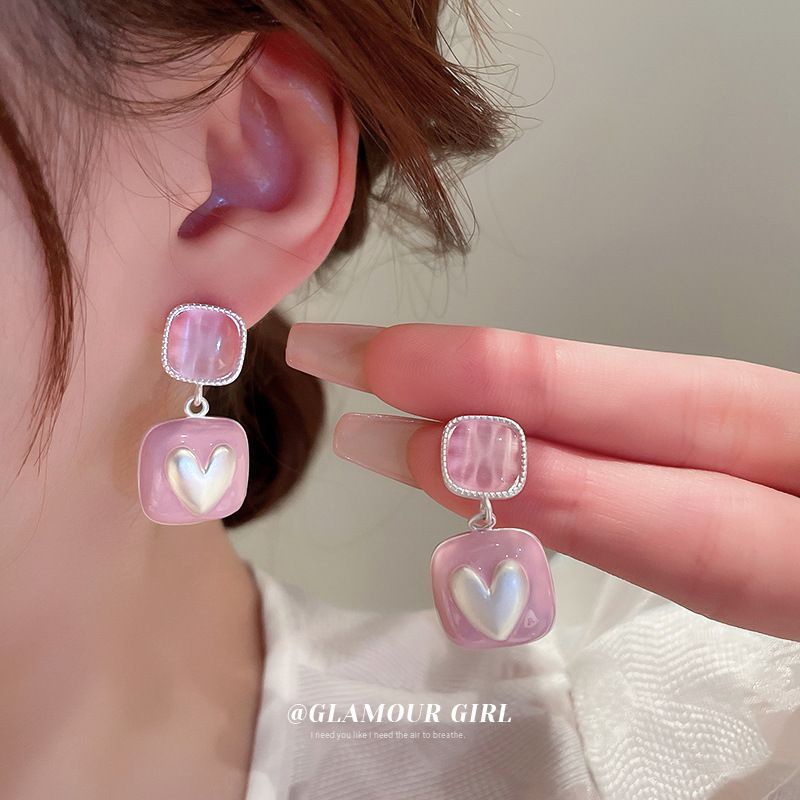 Bông Tai Bạc Hình Trái Tim Đính Đá Opal Trong Suốt Thời Trang Mùa Hè Dễ Phối Đồ