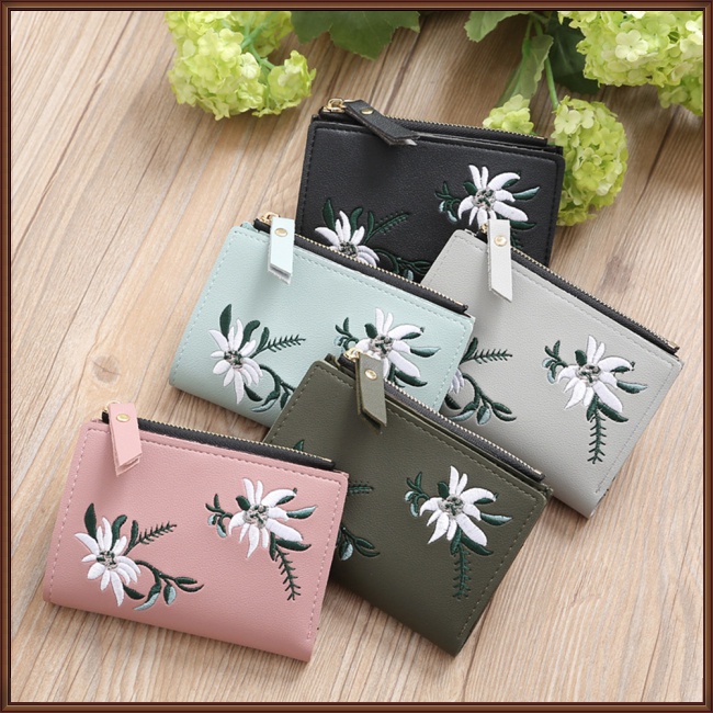 Ví Da Pu Mỏng Có Khóa Kéo Thêu Họa Tiết Xinh Xắn Cho Nữ Giá Đỡ