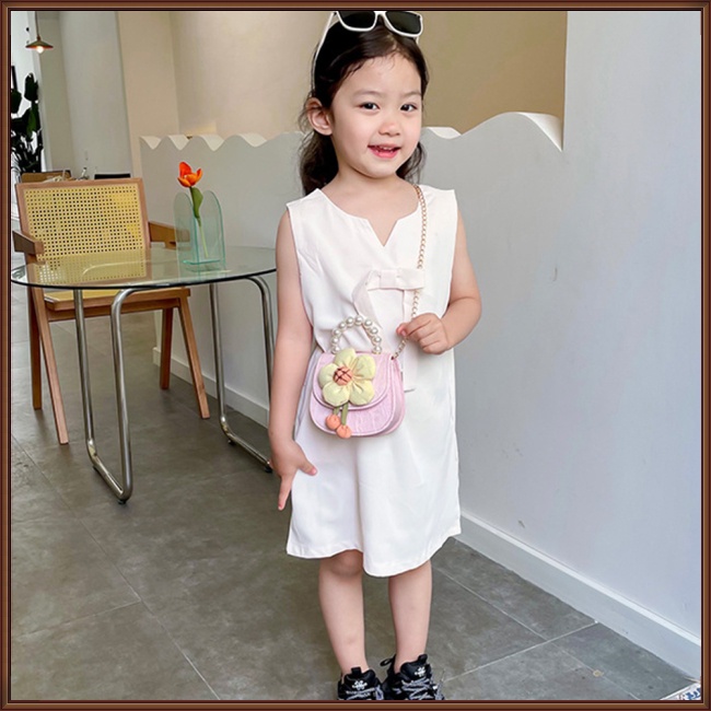 Túi Xách Da Pu Đeo Chéo Phối Ren Hoa Đính Ngọc Trai Thời Trang Cho Bé Gái