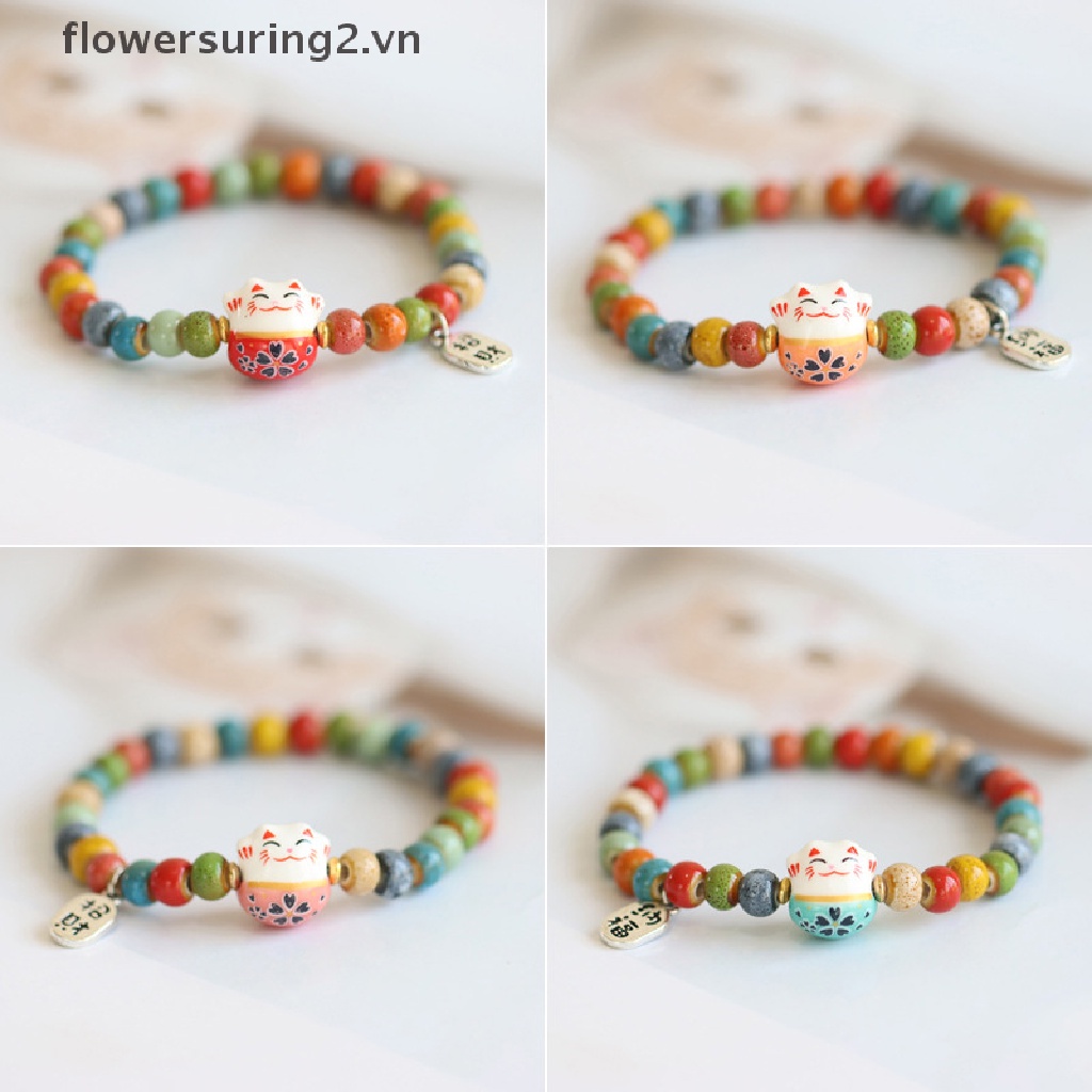 Vòng Tay Mặt Hình Mèo May Mắn Bằng Sứ Dễ Thương
