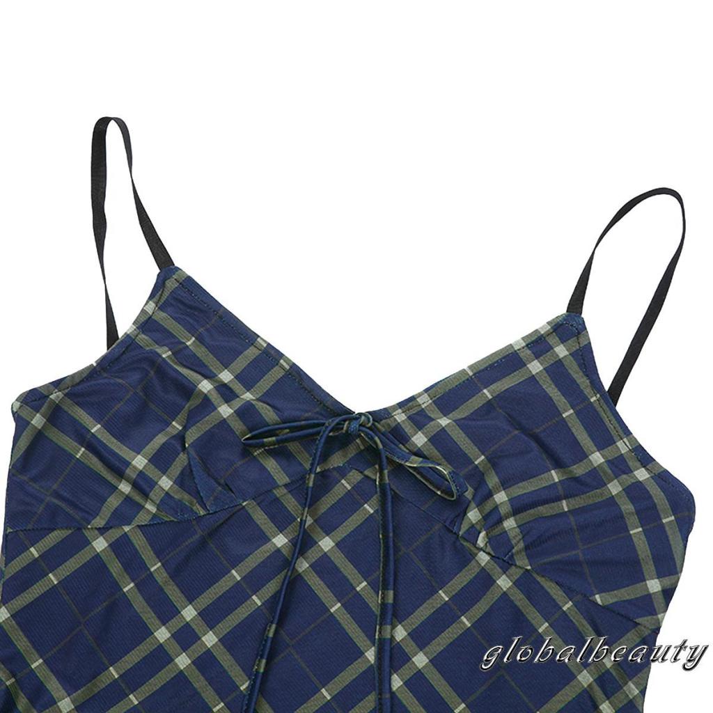 Đầm Hai Dây Dáng Chữ A Cổ Chữ V Khoét Sâu Họa Tiết Sọc Caro Phong Cách Quyến Rũ