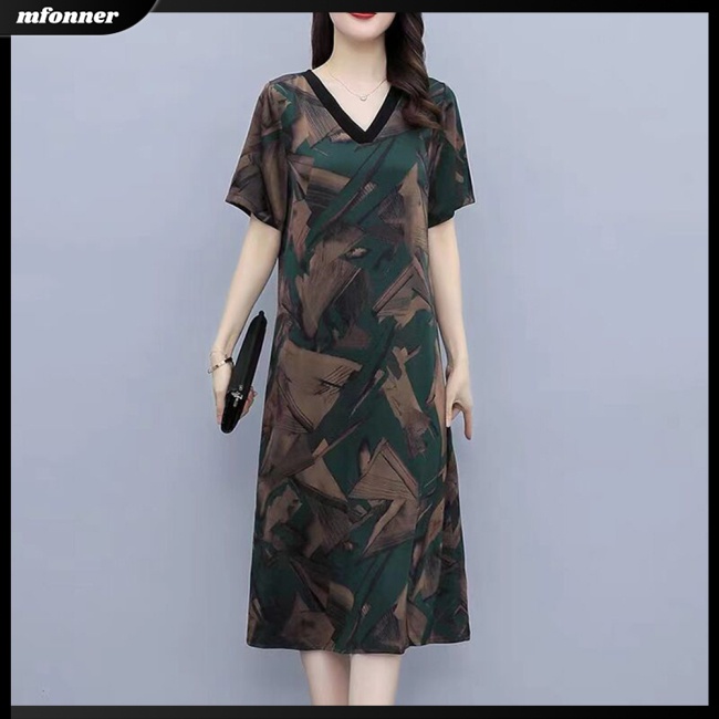 Đầm Midi Tay Ngắn Cổ Chữ V Bằng Lụa Lạnh Dáng Rộng In Họa Tiết Cổ Điển Thời Trang Mùa Hè Dành Cho Bạn Nữ