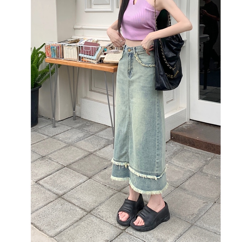 Chân Váy Denim Dài Dáng Chữ a Lưng RENJIANVSHENG Cao Thiết Kế Trẻ Trung Cho Nữ
