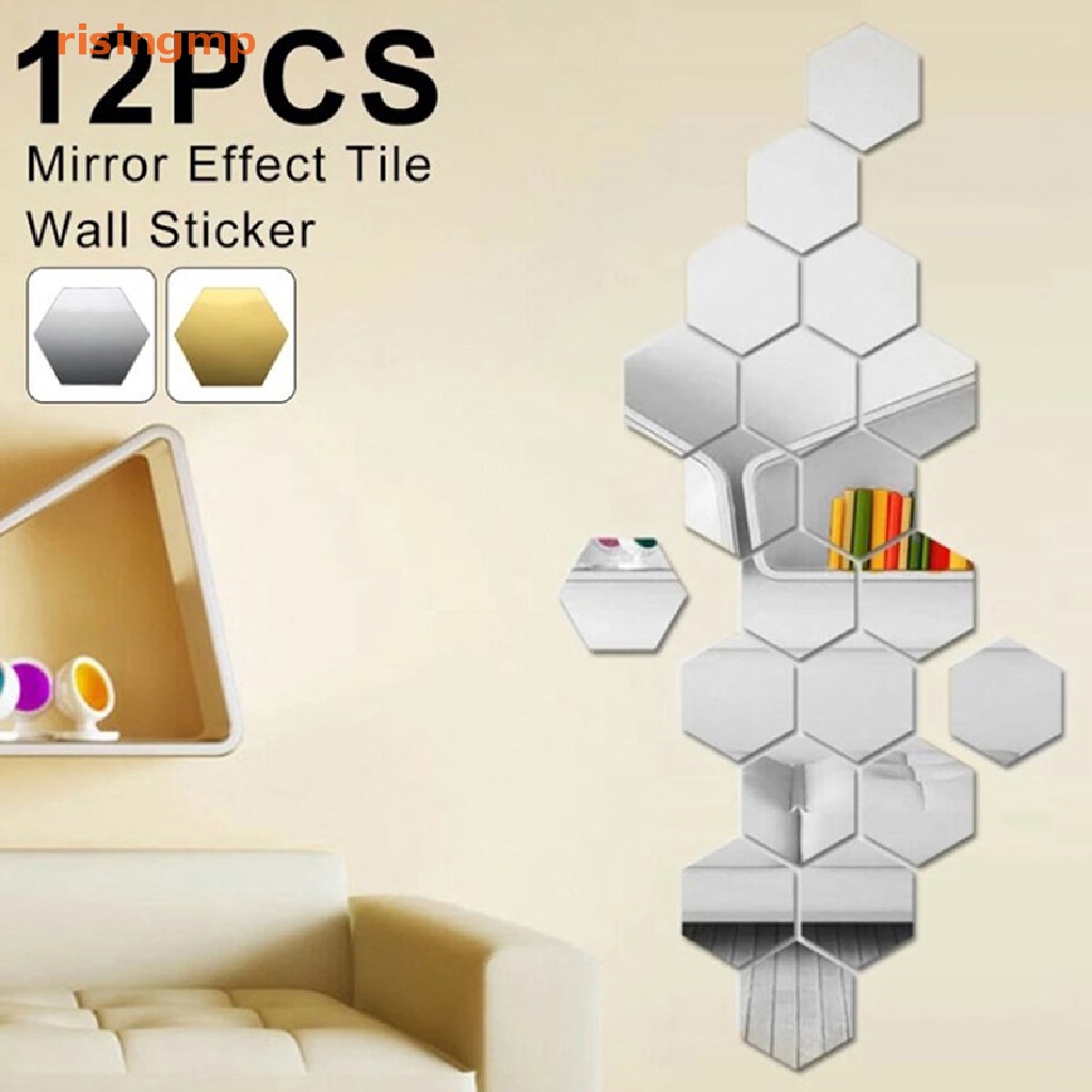 Set 12 Sticker Lục Giác Tráng Gương 3D Dán Tường Trang Trí Nội Thất DIY