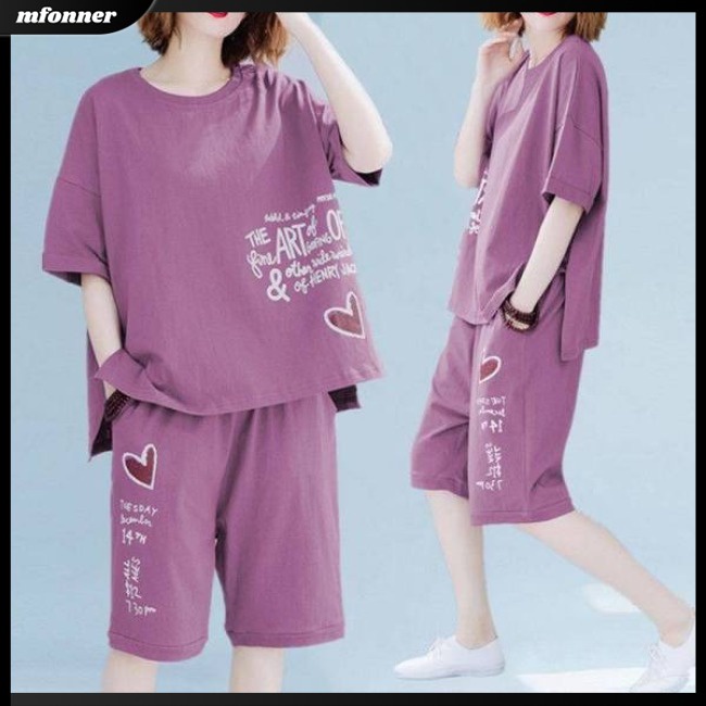 Set Đồ Mùa Hè 2 Món Gồm Áo Thun Tay Cộc In Họa Tiết + Quần Ngắn Dáng Rộng Thời Trang Cho Nữ