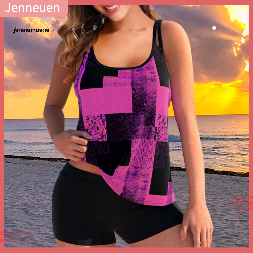 Bộ Đồ Bơi 2 Mảnh Gồm Áo Không Tay + Quần Ngắn In Họa Tiết Khối Màu Kèm Dây Đeo Cổ Thời Trang Đi Biển Cho Nữ