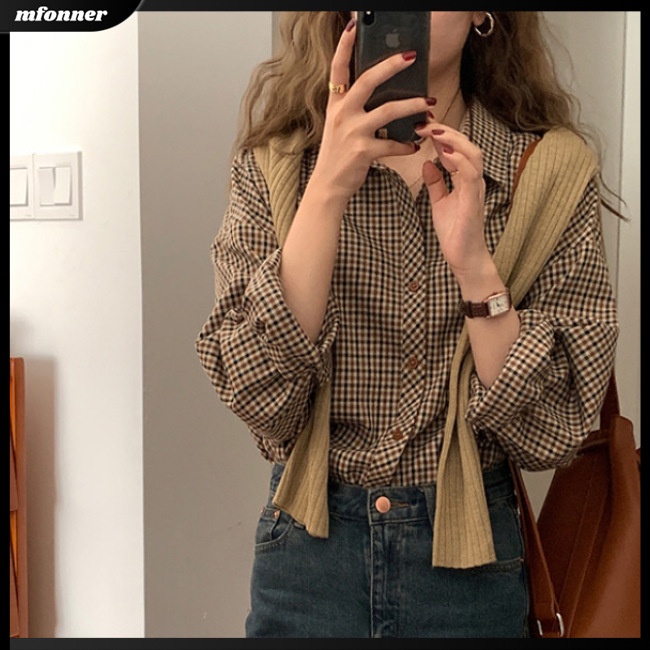Áo Sơ Mi Dài Tay Dáng Rộng Hoa Văn Kẻ Ô Phong Cách Retro Dành Cho Nữ