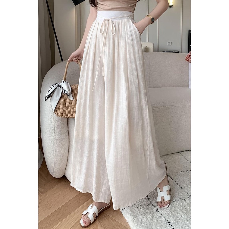 SUXI Quần Dài Ống Rộng Lưng Cao Co Giãn Màu Sắc Đơn Giản Dành Cho Nữ