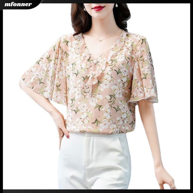 Áo Sơ Mi Chiffon Tay Lửng Dáng Rộng Cổ Chữ V In Hoa Thời Trang Mùa Hè Cho Nữ