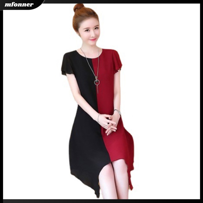 Đầm Midi Chữ A Tay Ngắn Cổ Tròn Màu Sắc Tương Phản Thời Trang Mùa Hè Cho Nữ