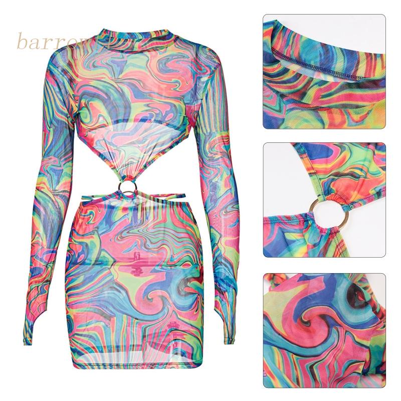 Brroa Đầm Mini Ôm Dáng Tay Dài Khoét Lỗ Hở Lưng In Sọc Cầu Vồng Gợi Cảm Cho Nữ Dự Tiệc Clu
