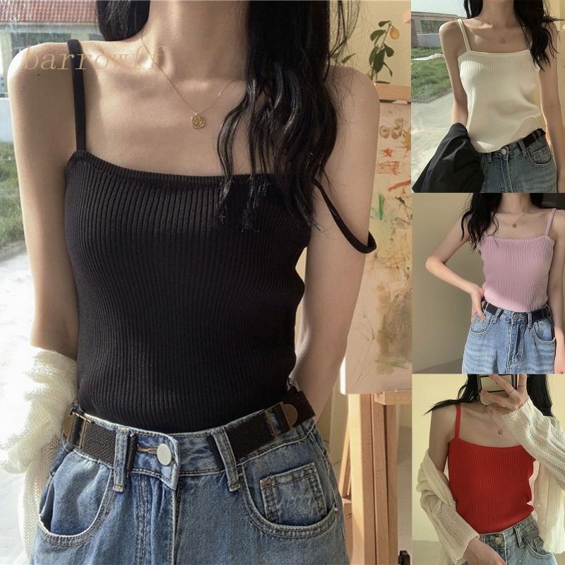 Brroa Áo Croptop Dệt Kim Lụa Lạnh Hai Dây Mỏng Màu Trơn Gợi Cảm Cho Nữ