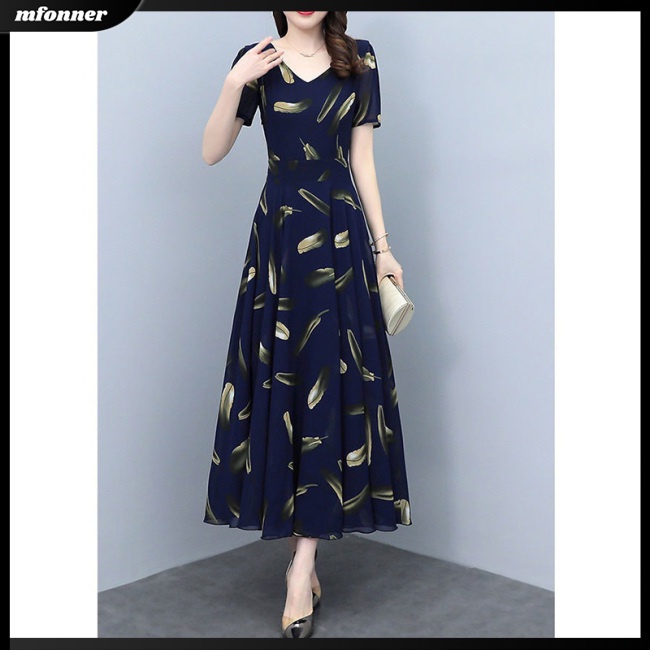 Đầm Cổ Chữ V Eo Cao Tay NgắN in Hoa ThờI Trang Cho Nữ