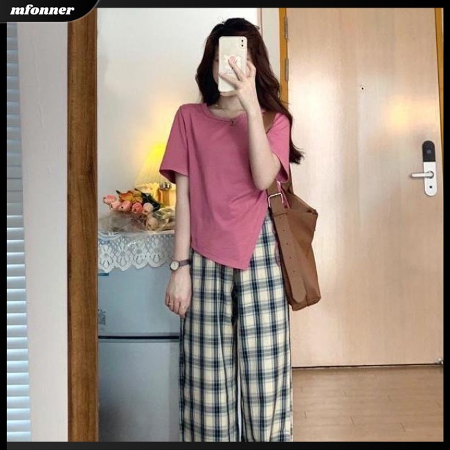 Set Đồ 2 Món Áo Tay Ngắn Cổ Tròn Màu Sắc Trơn Kèm Quần Dài Ống Rộng Cá Tính Cho Nữ