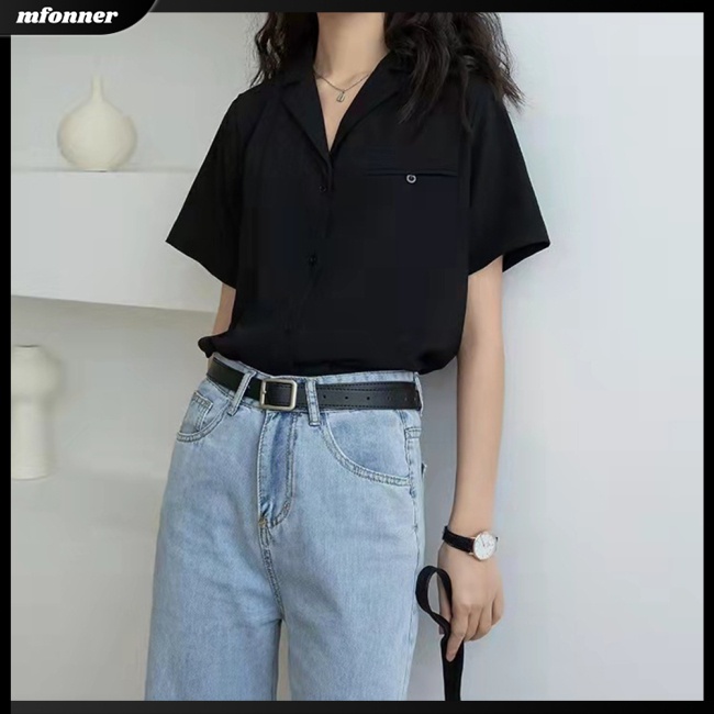 Áo Sơ Mi Chiffon Tay Ngắn Cổ Chữ V Màu Sắc Đơn Giản Thanh Lịch Dành Cho Nữ