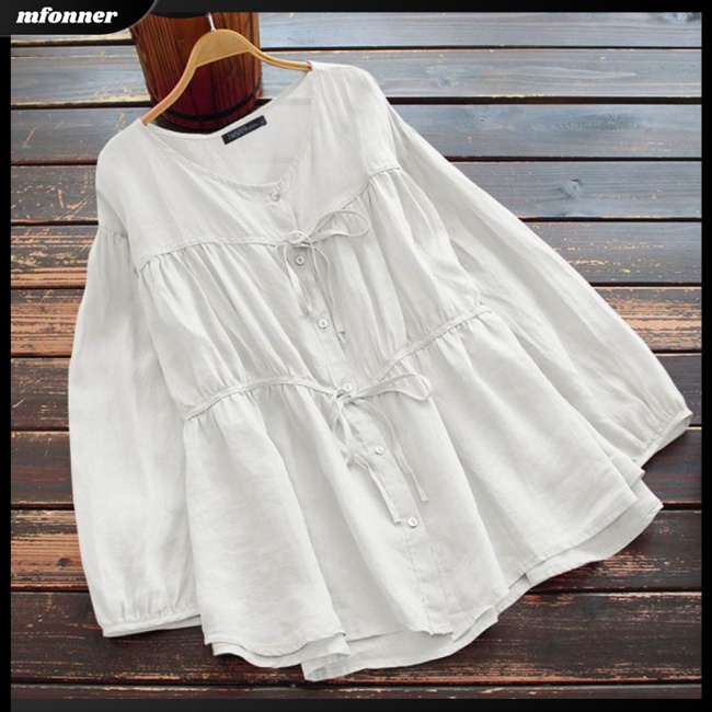 Áo Sơ Mi Tay Dài Cổ Tròn Dáng Rộng Xếp Ly Một Hàng Nút Vải Cotton Lanh Màu Trơn Thời Trang Cho Bạn Gái