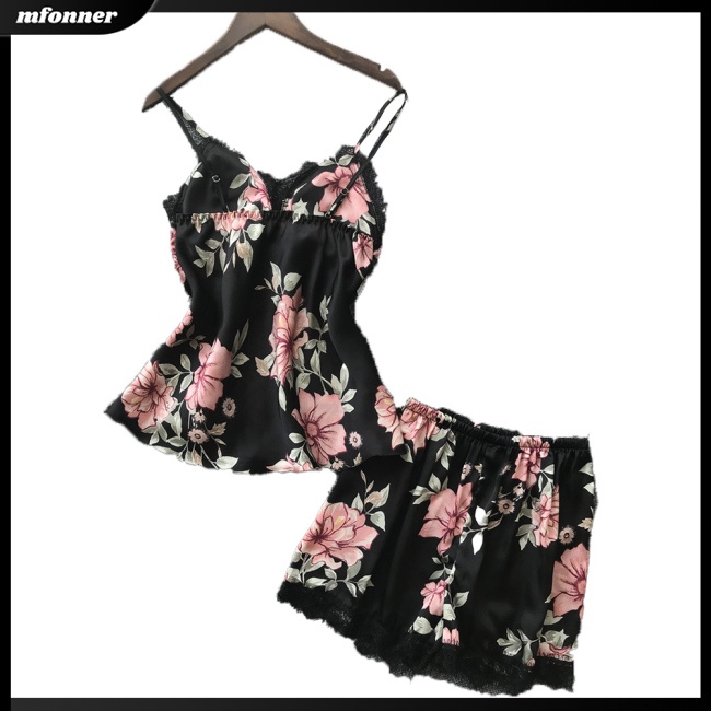 Bộ Đồ Ngủ 2 Món Áo + Quần Short Vải Lụa Satin Viền Ren Mềm Mại Thoải Mái