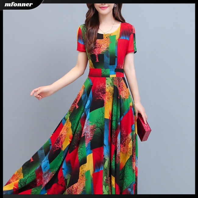 Đầm Tay Ngắn Cổ Tròn Dáng Chữ A In Họa Tiết Thời Trang Cho Nữ