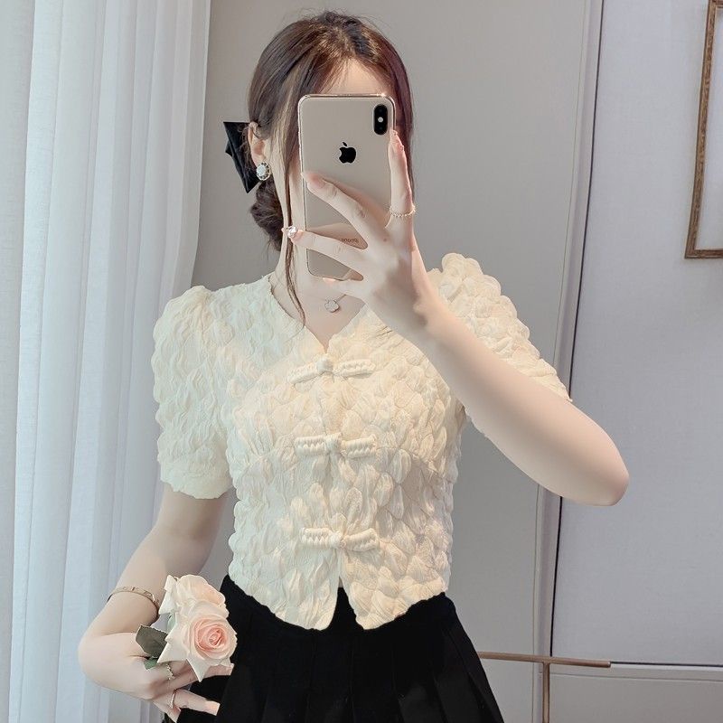 Áo Sơ Mi Tay Ngắn Phồng Màu Sắc Đơn Giản Phong Cách Retro