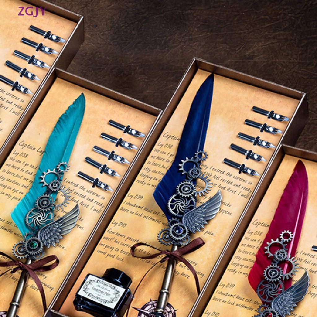 1 Set Bút Mực Nước Bằng Kim Loại Hình Lông Vũ Phong Cách Cổ Điển Mới