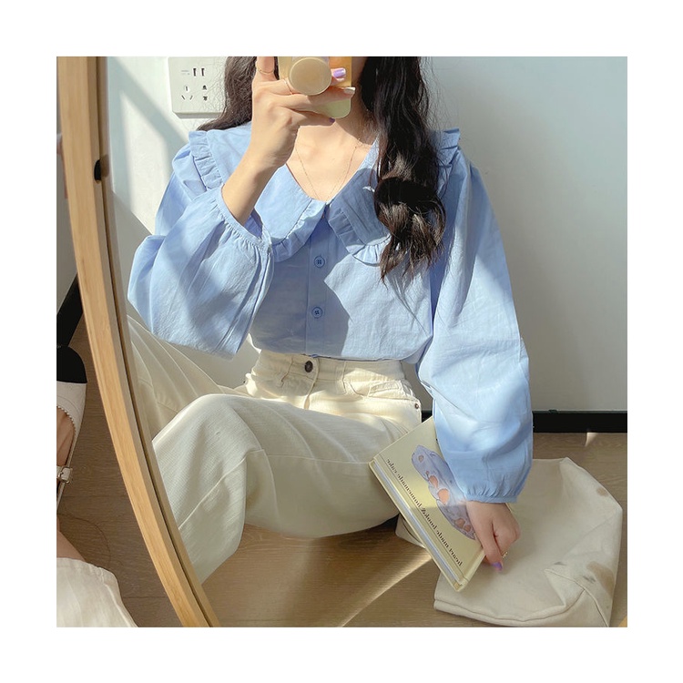 Áo Sơ Mi Nữ Tay Dài Màu Vàng Kem Cổ Búp Bê Phong Cách Retro