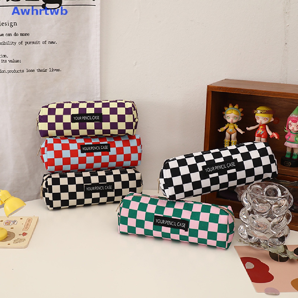 Túi Đựng Bút Chì / Mỹ Phẩm Awhrtwb Bằng Vải Canvas Kẻ Ô Dung Tích Lớn Dễ Thương Sáng Tạo Mới