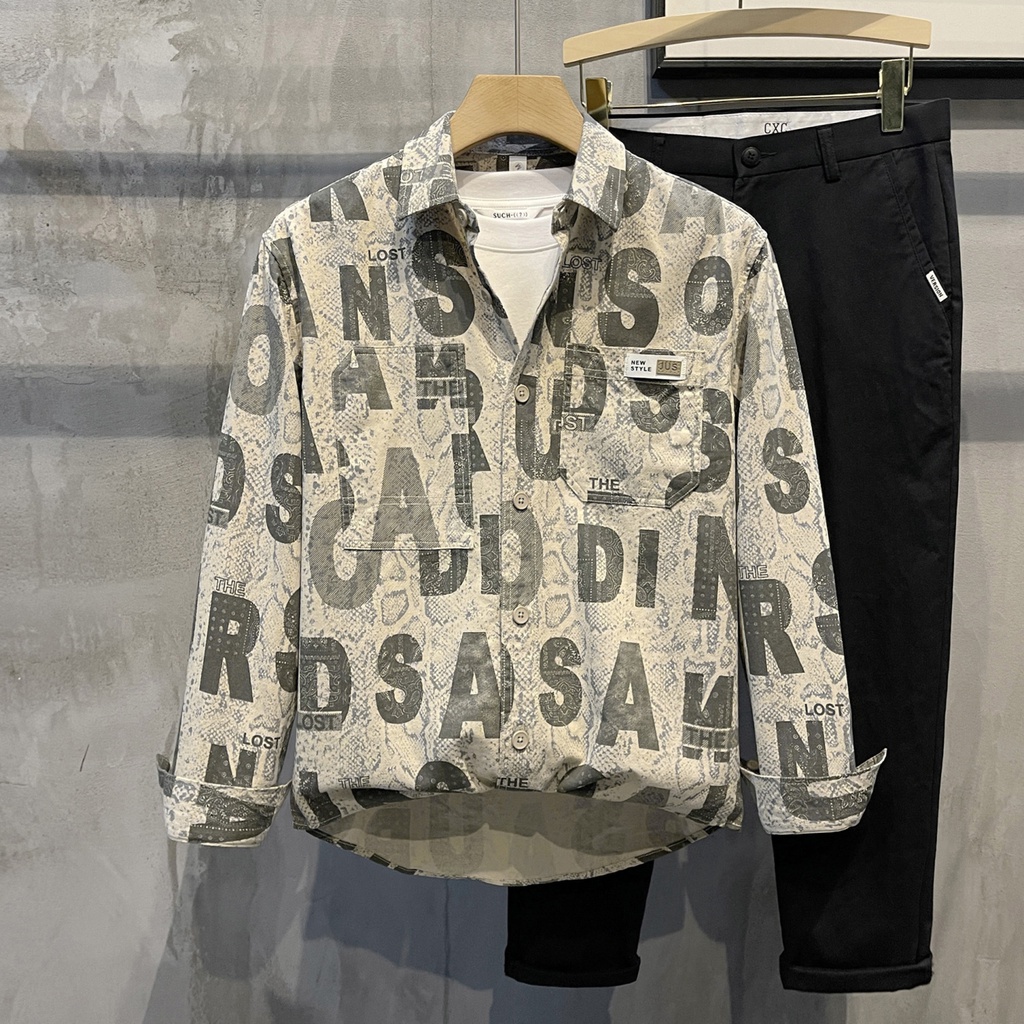 Áo Sơ Mi Tay Dài In Chữ Phong Cách Retro Mỹ Thời Trang Cho Nam