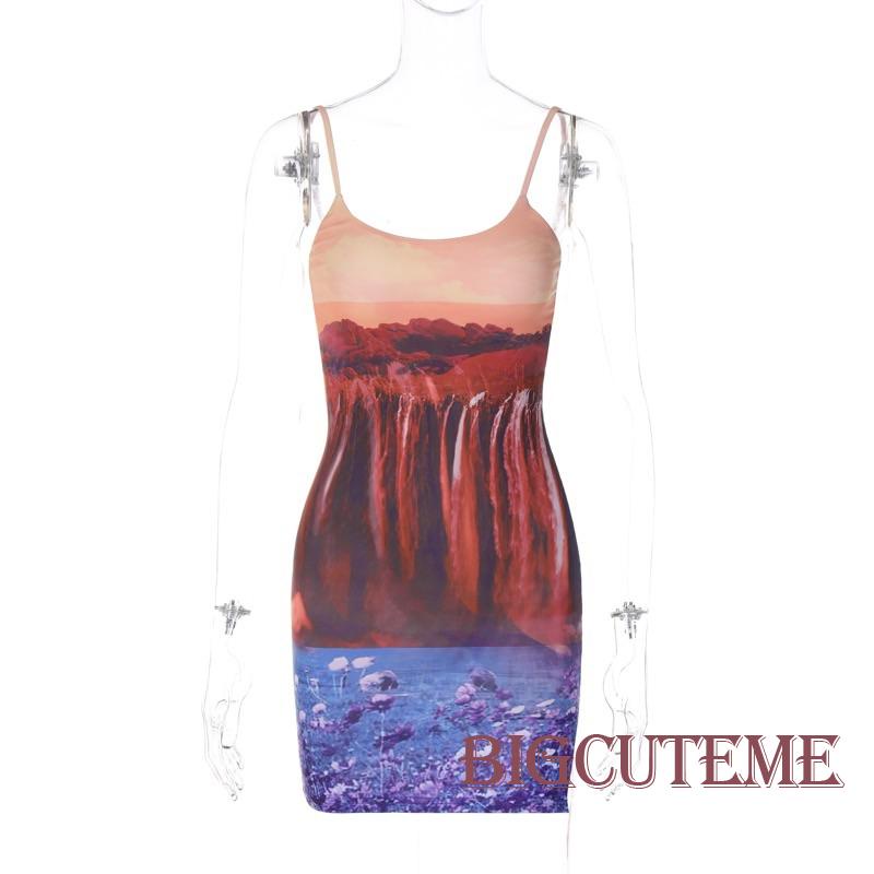 Đầm Mini Hai Dây Ôm Dáng In Họa Tiết Lanscape Có Thể Điều Chỉnh Cho Nữ