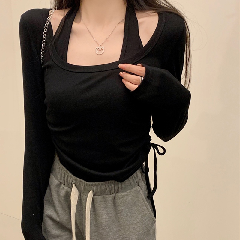 IELGY   Áo Thun Cổ Yếm Rút Dây Màu Trơn IELGY    Cho Nữ