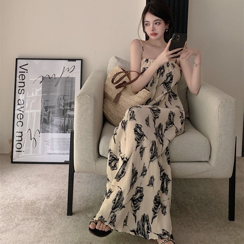 Cozok Đầm Dài Không Tay Họa Tiết Mực In Thời Trang Gợi Cảm