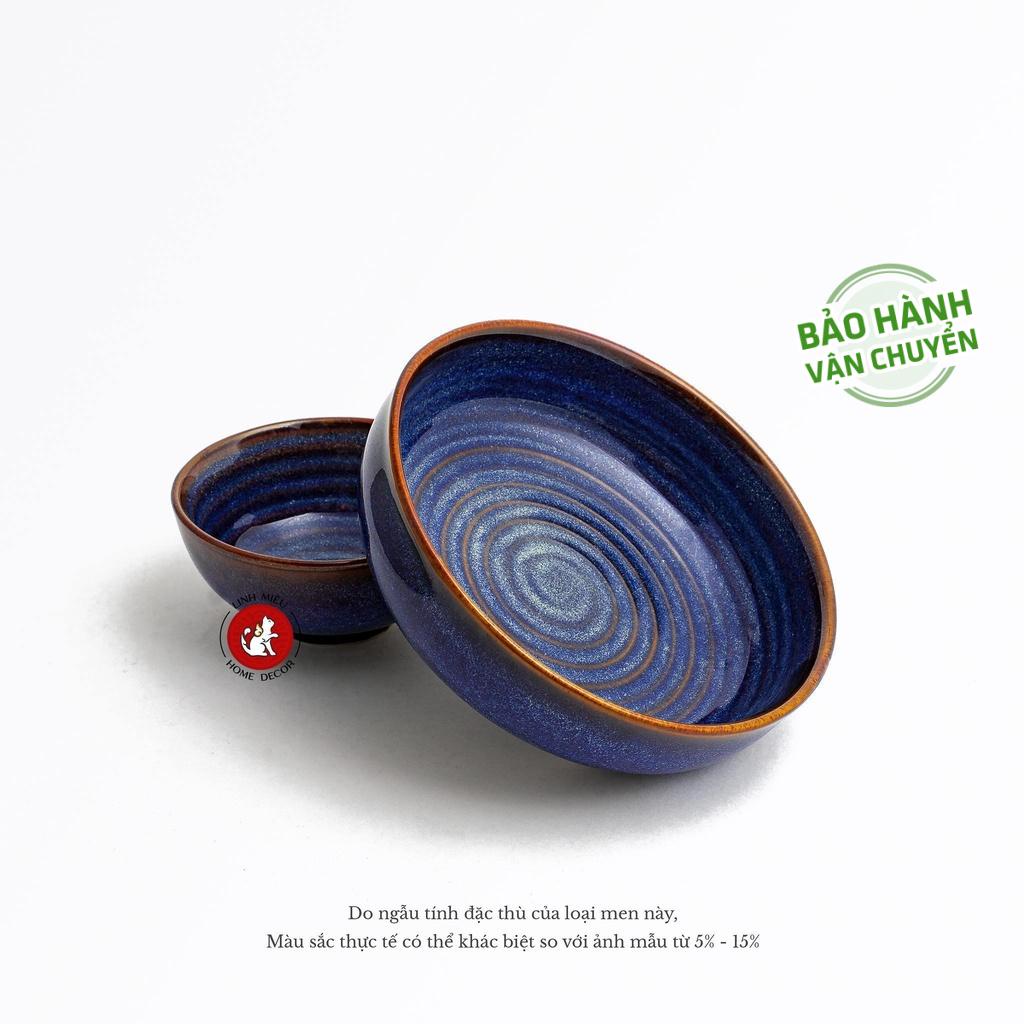 Bát tô đựng salad men hỏa biến sứ Bát Tràng cao cấp - dáng nông men lam biếc và gấm sang trọng phong cách Bắc Âu