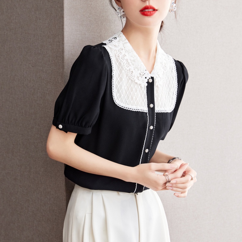 Áo Sơ Mi Cổ Búp Bê Đính Hạt Cườm Phối Ren Sang Trọng
