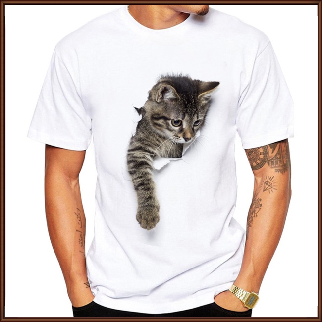 Áo Thun In Hình Chú Mèo 3D Dễ Thương Thời Trang Cho Nam